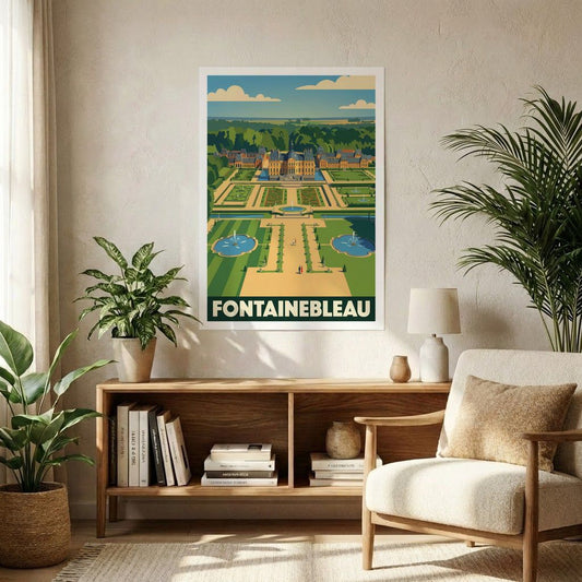 Poster A1 souvenir de la ville de Fontainebleau avec une illustration stylisée de son château et de ses jardins.