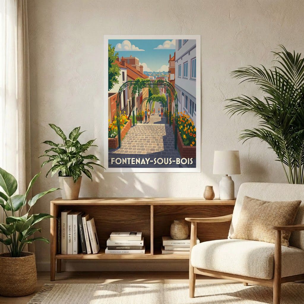 Affiche souvenir de la ville de Fontenay-sous-Bois avec une illustration stylisée d'une rue pavée et fleurie.