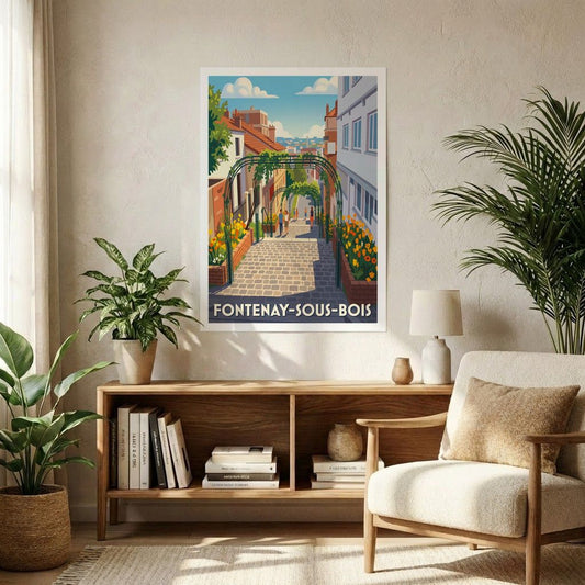 Affiche souvenir de la ville de Fontenay-sous-Bois avec une illustration stylisée d'une rue pavée et fleurie.