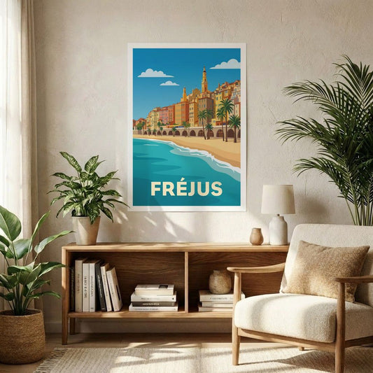 Poster souvenir de la ville de Fréjus avec une illustration stylisée de son littoral.