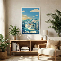 Poster souvenir de la ville de Gérardmer avec une illustration stylisée de paysages hivernaux.