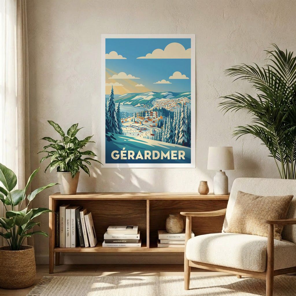 Poster souvenir de la ville de Gérardmer avec une illustration stylisée de paysages hivernaux.