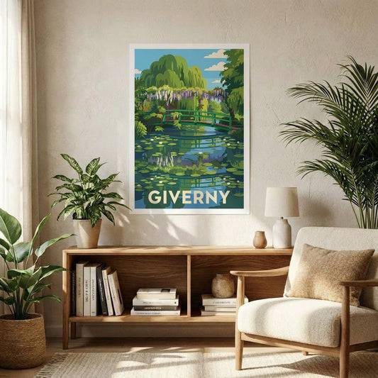Poster souvenir de la ville de Giverny avec une illustration stylisée du célèbre pont japonais et des nymphéas.