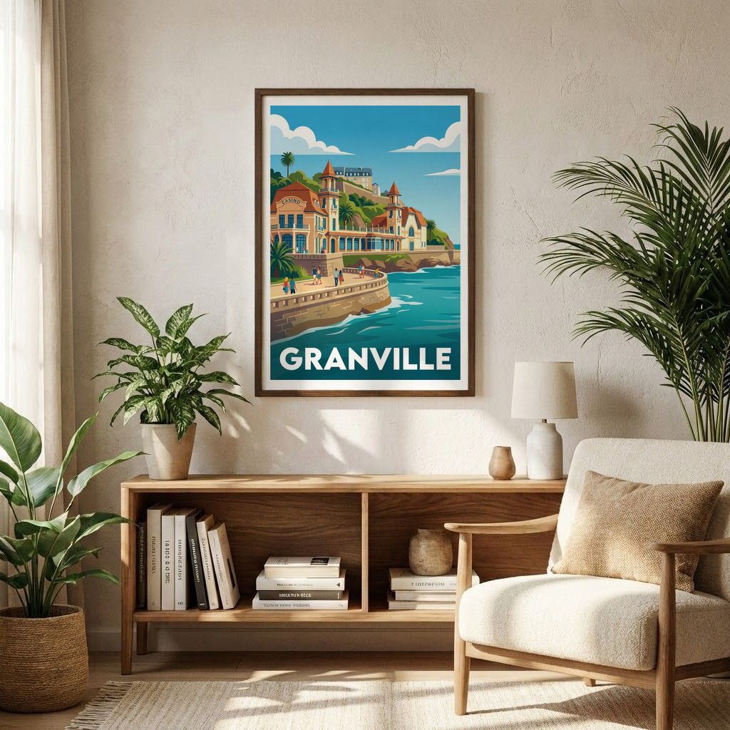 Poster souvenir de la ville de Granville avec une illustration stylisée de son front de mer.