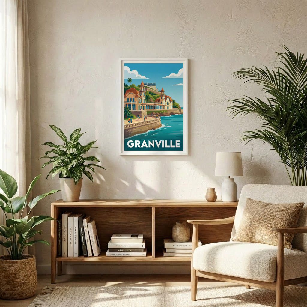 Poster avec cadre blanc de la ville de Granville présentant une illustration stylisée.
