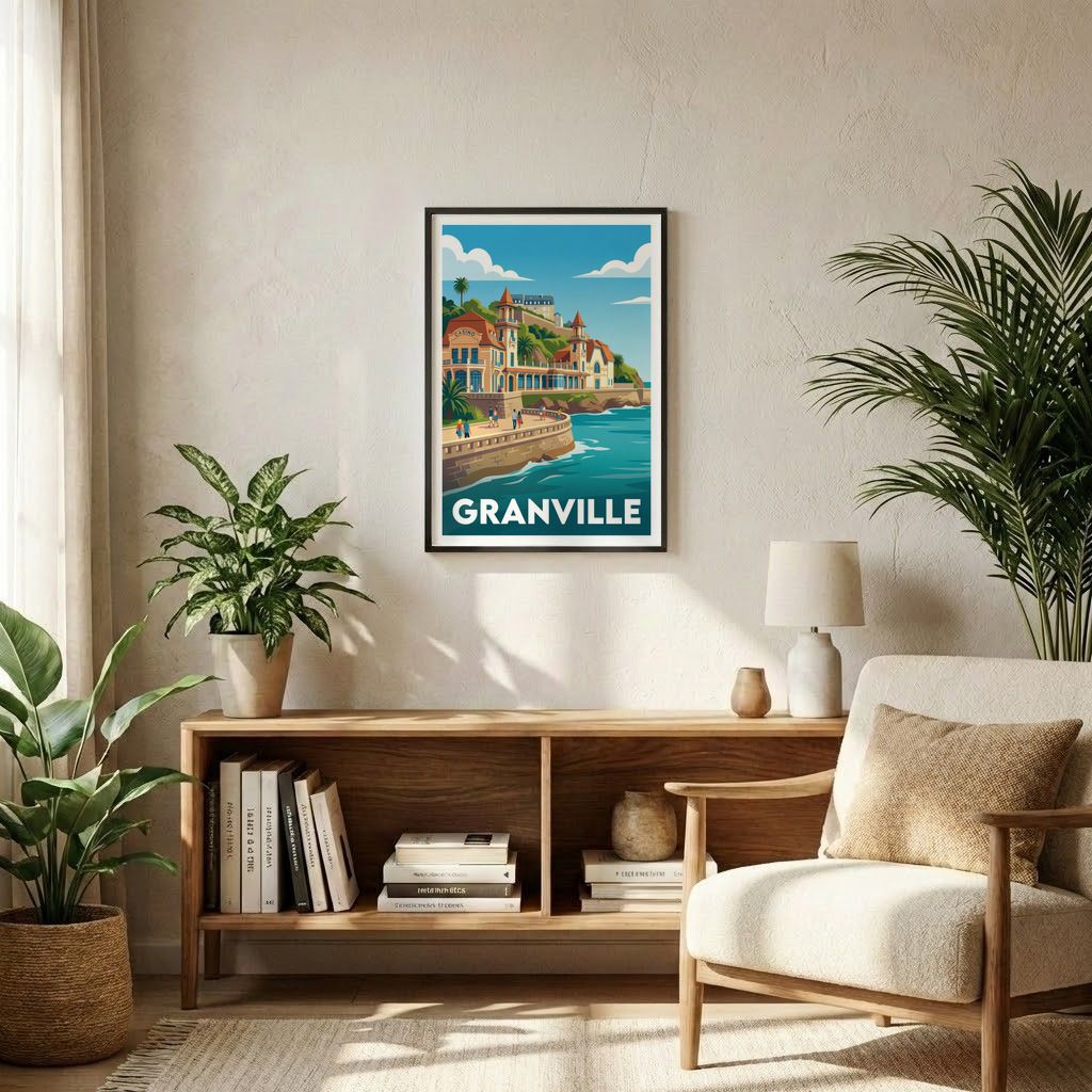 Poster A2 avec cadre noir présentant une illustration stylisée de la ville de Granville.