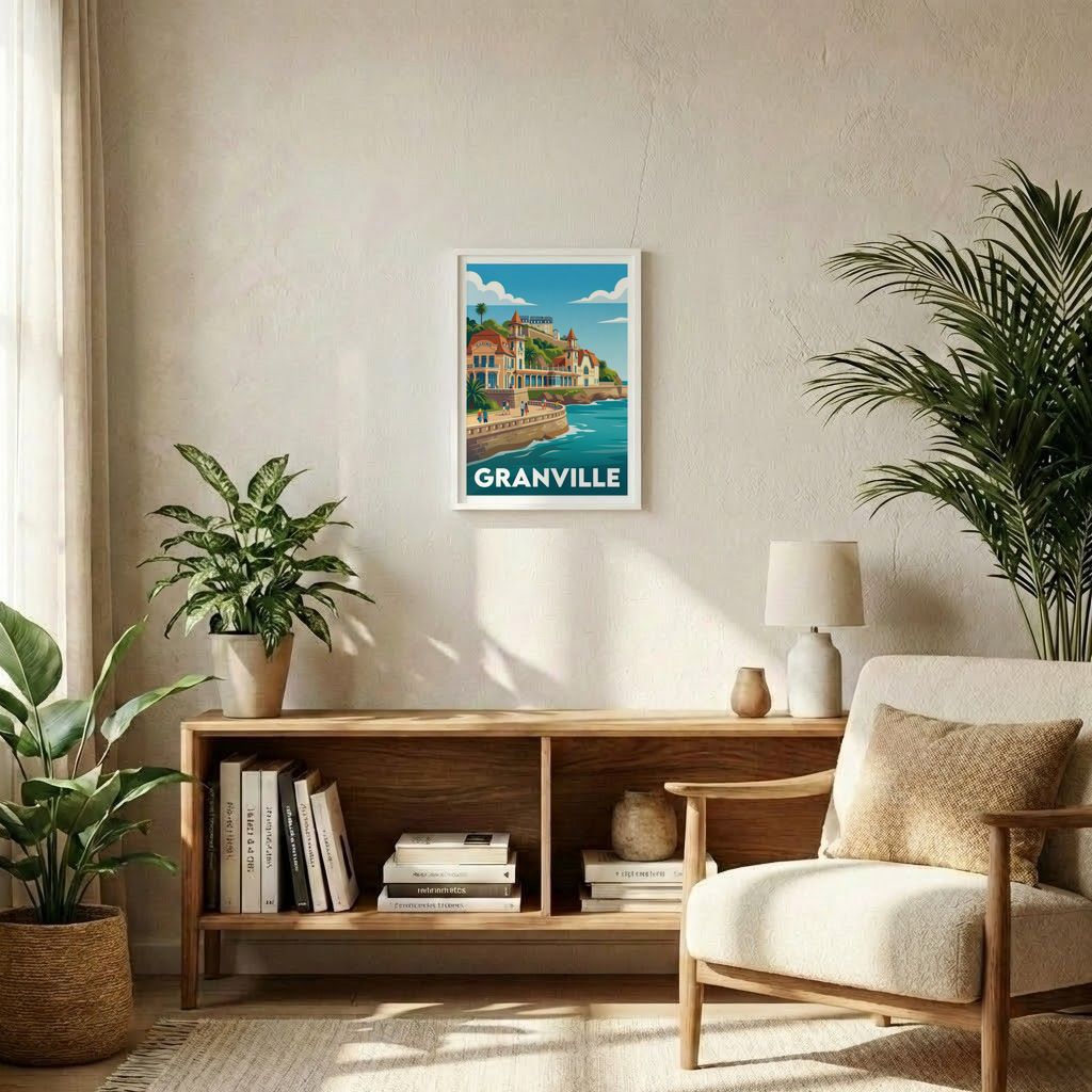 Poster avec cadre blanc de la ville de Granville avec une illustration stylisée.