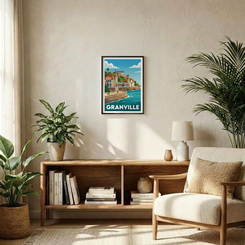 Poster souvenir de la ville de Granville avec une illustration stylisée dans un cadre noir.