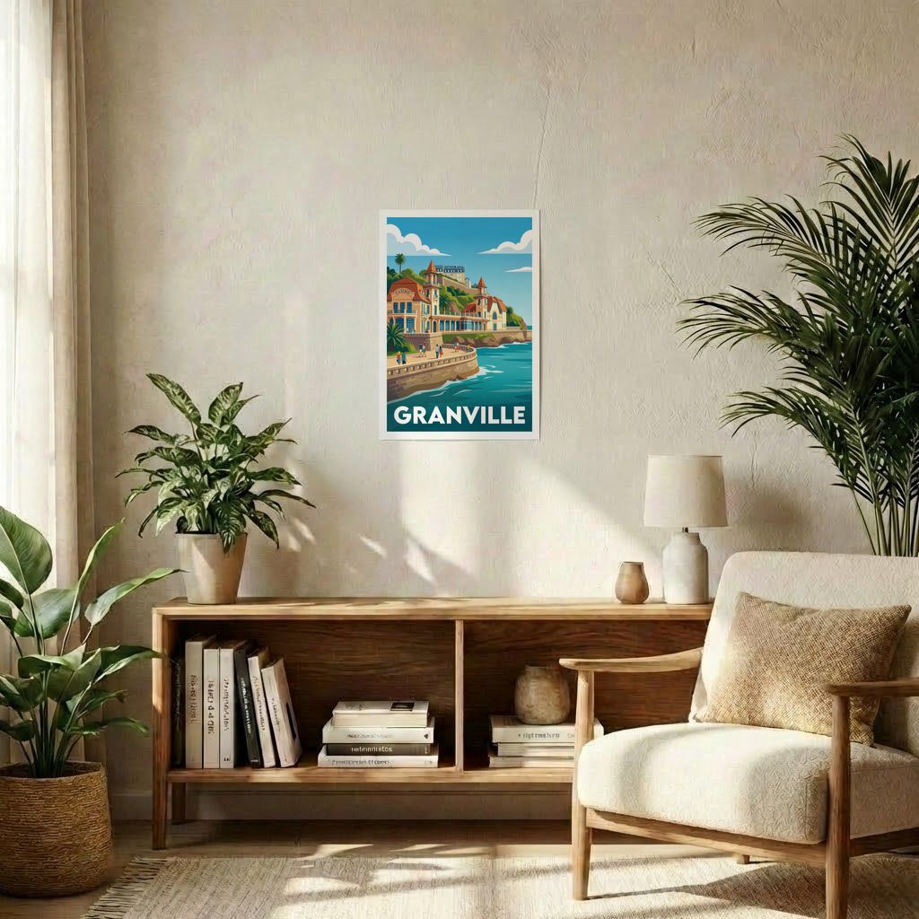 Poster souvenir de la ville de Granville avec une illustration stylisée.