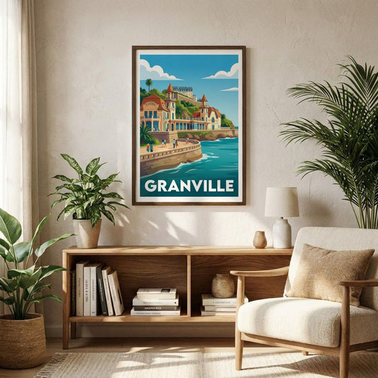 Affiche souvenir de la ville de Granville avec une illustration stylisée de son front de mer et de son casino.