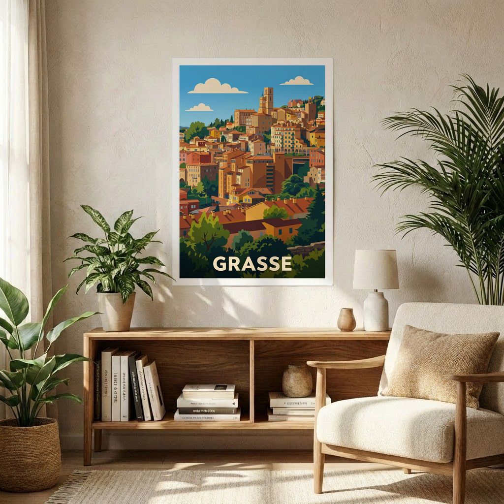 Affiche souvenir de la ville de Grasse avec une illustration stylisée.