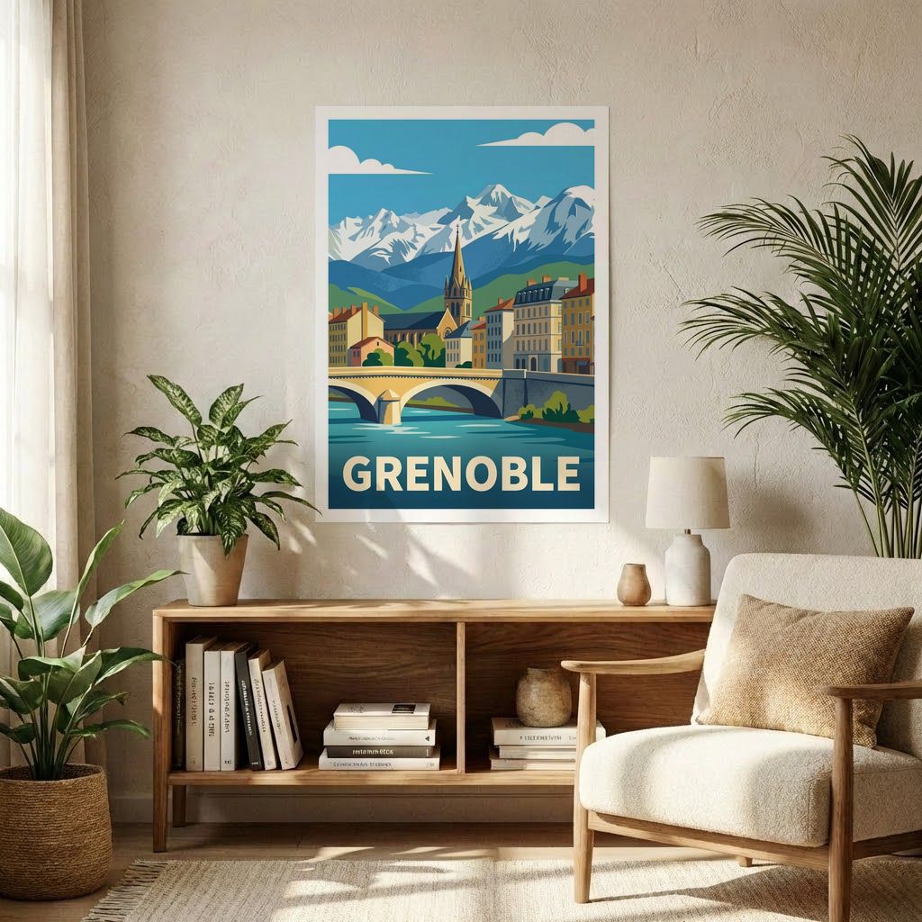 Poster souvenir de la ville de Grenoble avec une illustration stylisée de son paysage alpin et urbain.