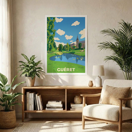Poster souvenir de la ville de Guéret avec une illustration stylisée d'un parc et de son étang.