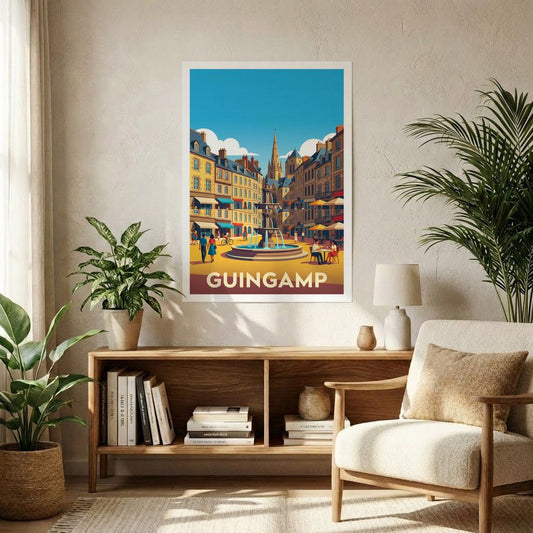 Poster souvenir de la ville de Guingamp avec une illustration stylisée.