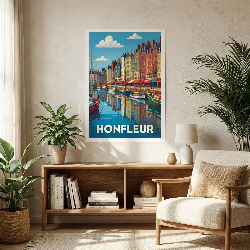 Poster souvenir de la ville de Honfleur avec une illustration stylisée de son port et ses maisons colorées.