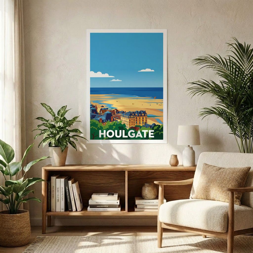 Affiche souvenir de la ville de Houlgate avec une illustration stylisée de sa plage et de son architecture.