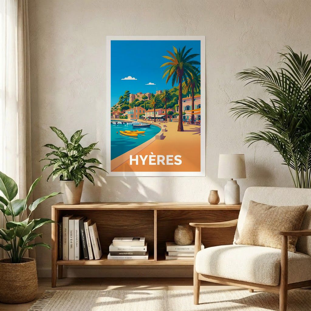 Affiche souvenir de la ville de Hyères avec une illustration stylisée de son littoral et de ses palmiers.