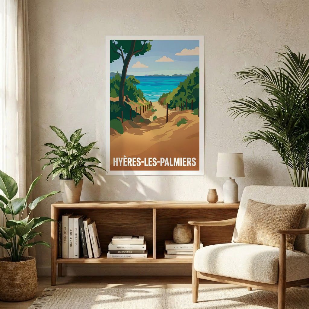 Poster souvenir de la ville de Hyères-les-Palmiers avec une illustration stylisée.