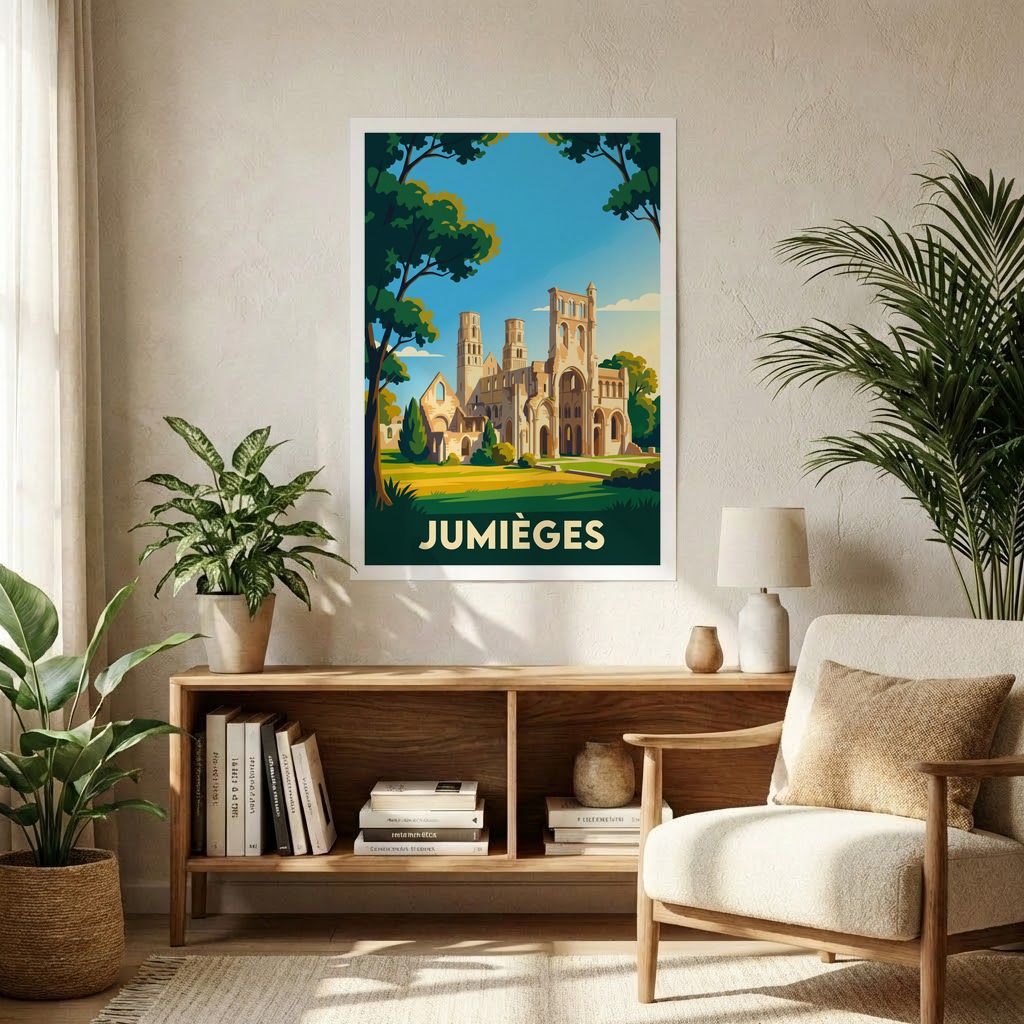 Poster souvenir de la ville de Jumièges avec une illustration stylisée de son abbaye.