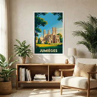 Poster souvenir de la ville de Jumièges avec une illustration stylisée de son abbaye.