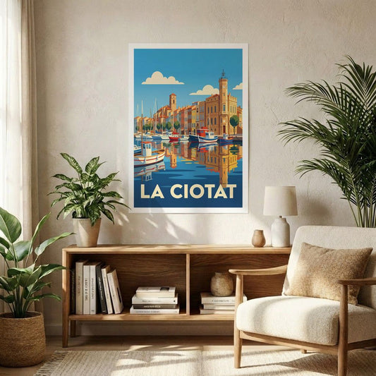 Poster souvenir de la ville de La Ciotat avec une illustration stylisée de son port.