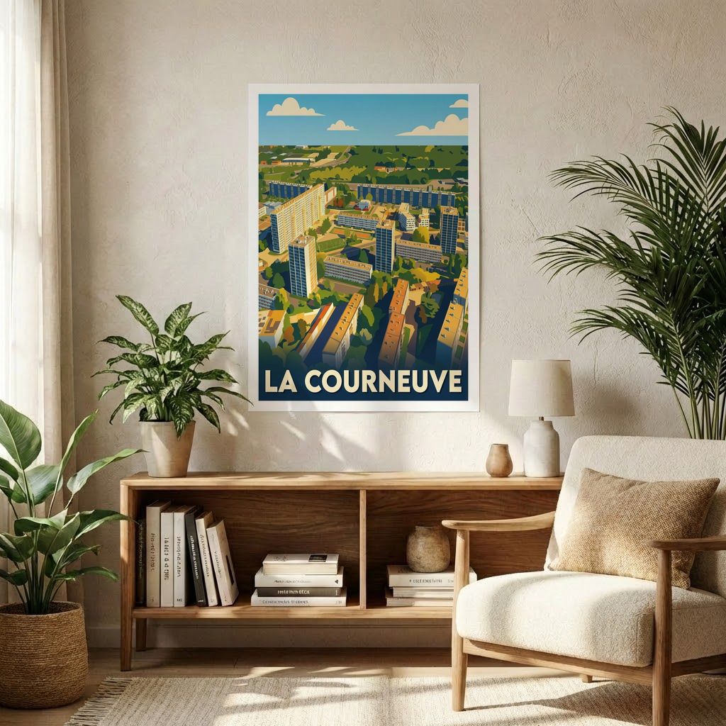 Poster souvenir de la ville de La Courneuve avec une illustration stylisée de son paysage urbain en vue aérienne.
