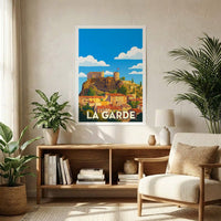 Poster souvenir de la ville de La Garde avec une illustration stylisée.