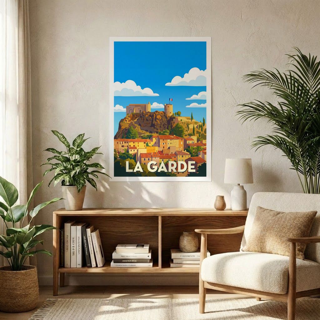 Poster souvenir de la ville de La Garde avec une illustration stylisée.