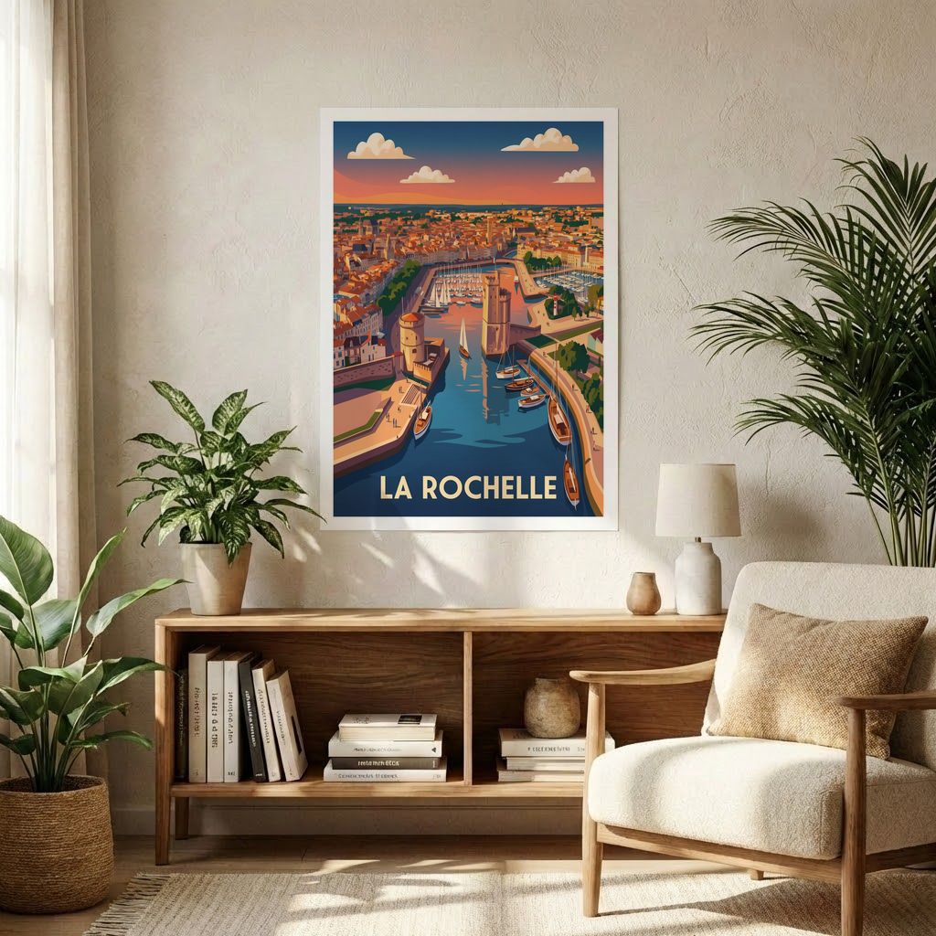 Affiche souvenir de la ville de La Rochelle avec une illustration stylisée de son vieux port.