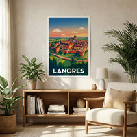 Poster souvenir de la ville de Langres avec une illustration stylisée de ses remparts et de sa cathédrale au coucher du soleil.