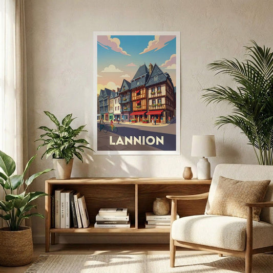 Poster souvenir de la ville de Lannion avec une illustration stylisée de ses maisons à colombages.