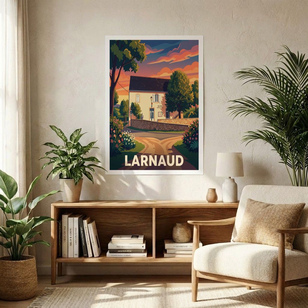 Poster souvenir de la ville de Larnaud avec une illustration stylisée.