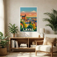 Poster souvenir de la ville de Laval avec une illustration stylisée de ses monuments historiques et de sa rivière.