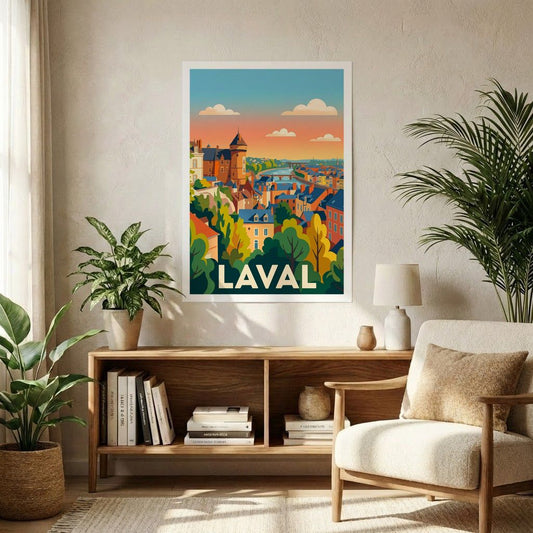 Poster souvenir de la ville de Laval avec une illustration stylisée de ses monuments historiques et de sa rivière.