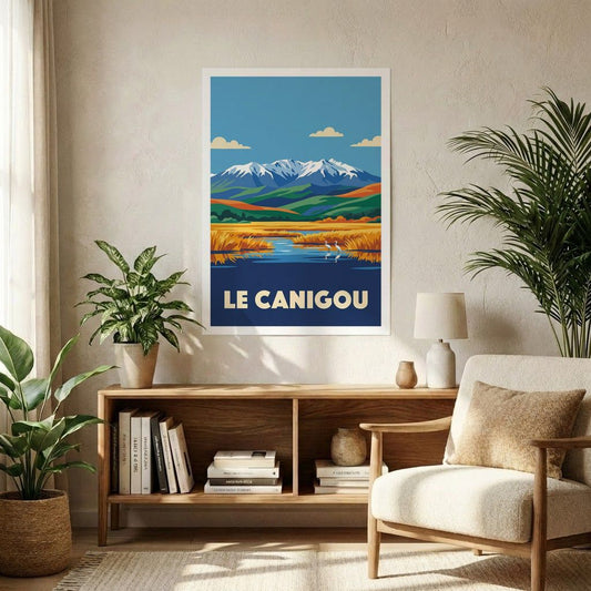 Poster souvenir de Le Canigou avec une illustration stylisée de son sommet enneigé et de son paysage naturel.