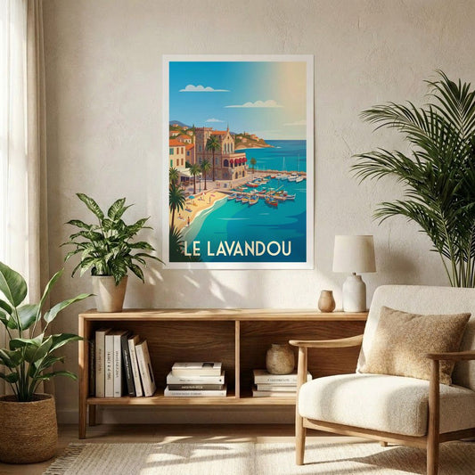 Affiche souvenir de la ville de Le Lavandou avec une illustration stylisée du port et de la plage.