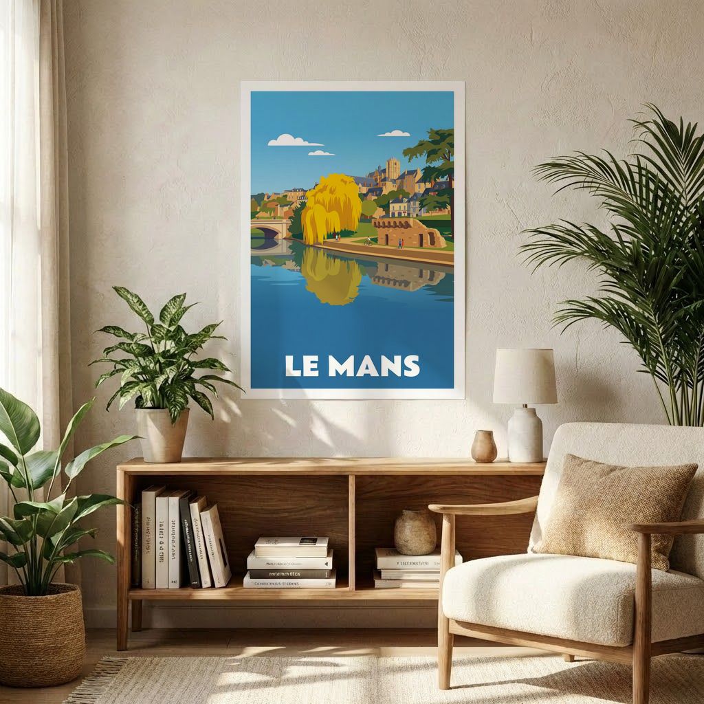 Poster souvenir de la ville de Le Mans avec une illustration stylisée de son patrimoine historique au bord de l'eau.