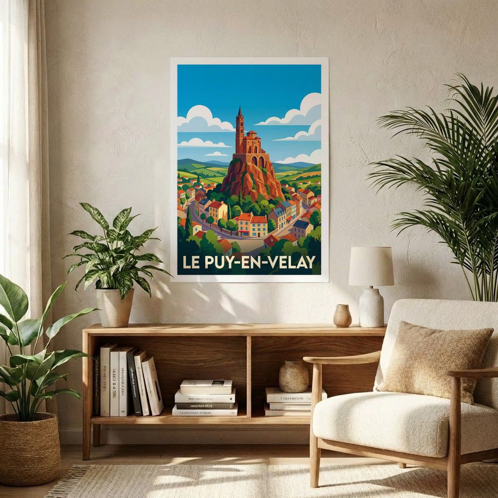 Poster souvenir de la ville de Le Puy-en-Velay avec une illustration stylisée de son célèbre rocher.