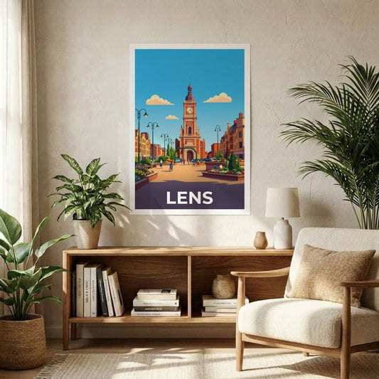 Poster souvenir de la ville de Lens avec une illustration stylisée de son centre-ville et de son beffroi.