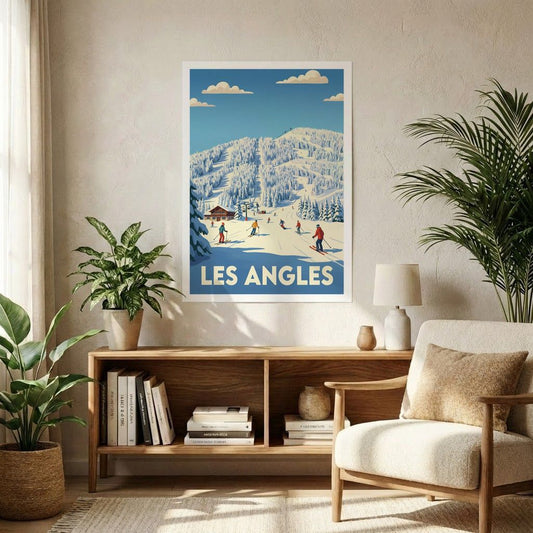 Affiche souvenir de la ville de Les Angles avec une illustration stylisée d'une station de ski.