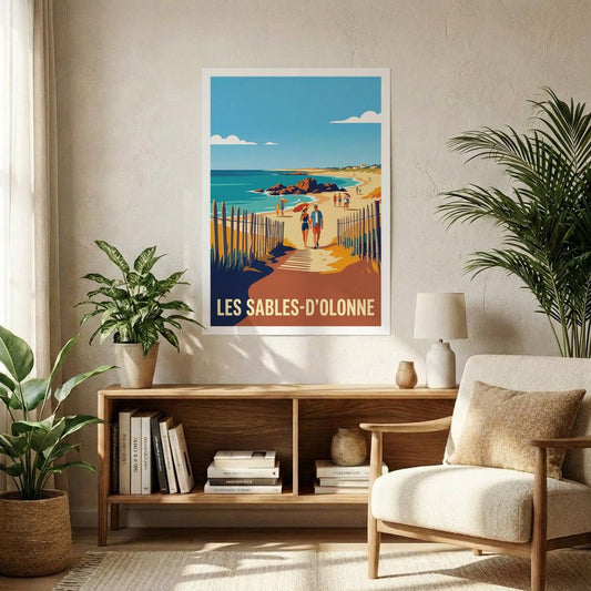 Poster souvenir de la ville de Les Sables-d'Olonne avec une illustration stylisée d'une scène de plage.