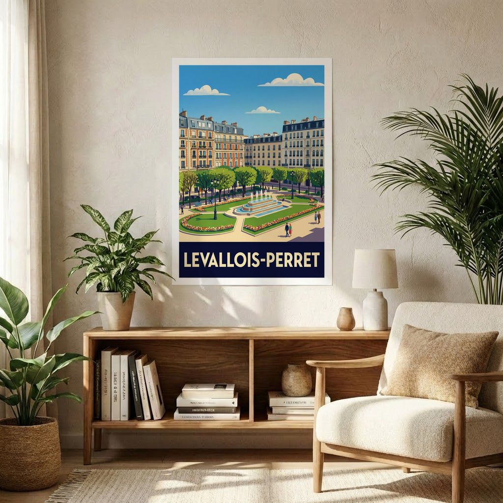 Poster souvenir de la ville de Levallois-Perret avec une illustration stylisée d'un parc arboré et de sa fontaine.