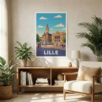 Poster souvenir de la ville de Lille avec une illustration stylisée de ses monuments emblématiques.