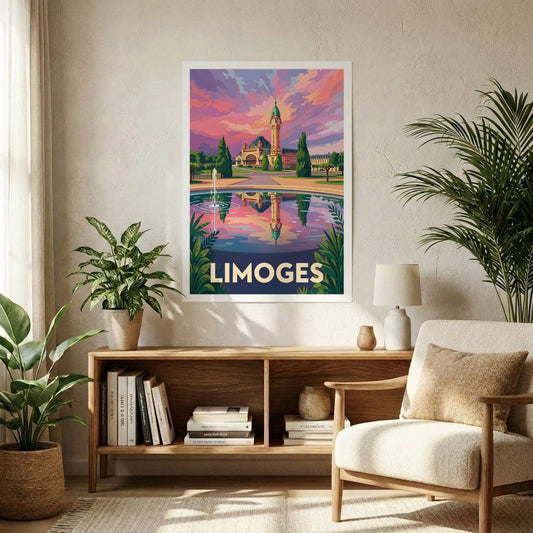 Poster souvenir de la ville de Limoges avec une illustration stylisée de sa célèbre gare.