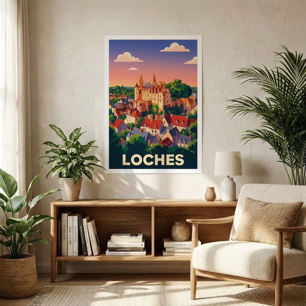Affiche souvenir de la ville de Loches avec une illustration stylisée.