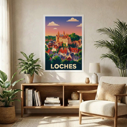 Affiche souvenir de la ville de Loches avec une illustration stylisée.