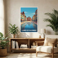 Poster souvenir de la ville de Lons-le-Saunier avec une illustration stylisée de sa place centrale.