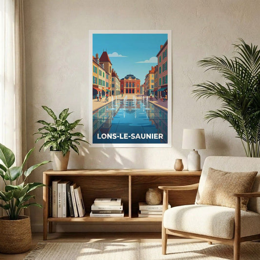 Poster souvenir de la ville de Lons-le-Saunier avec une illustration stylisée de sa place centrale.
