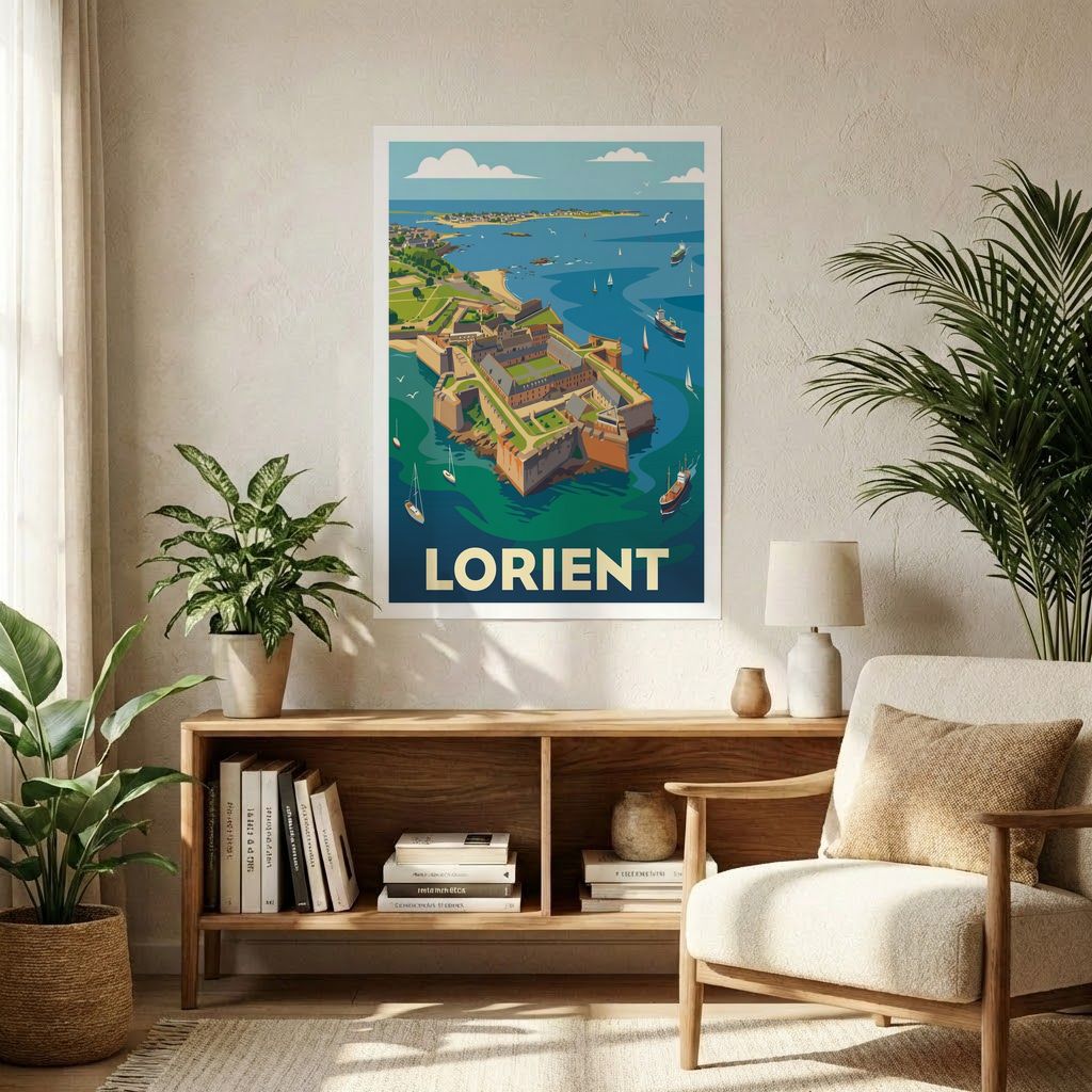 Poster souvenir de la ville de Lorient avec une illustration stylisée de sa citadelle côtière.