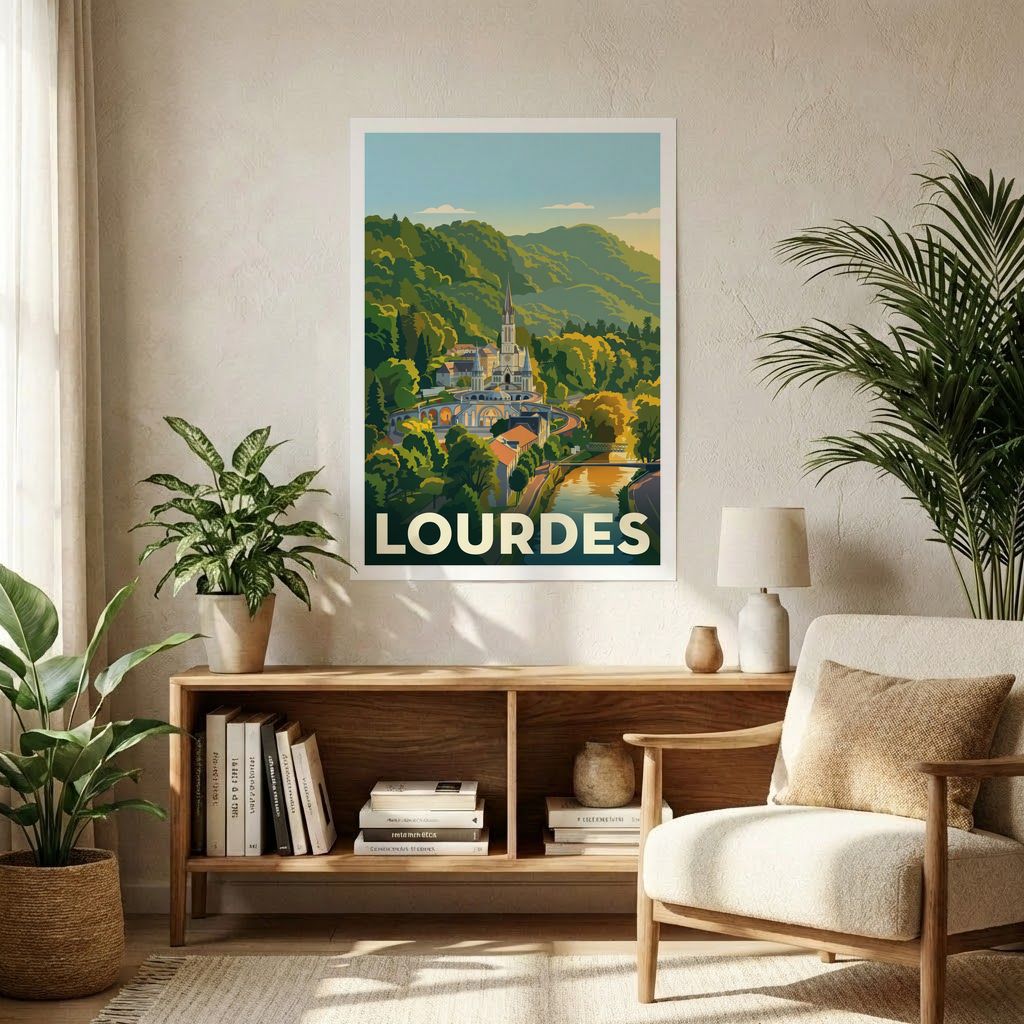 Poster souvenir de la ville de Lourdes avec une illustration stylisée.